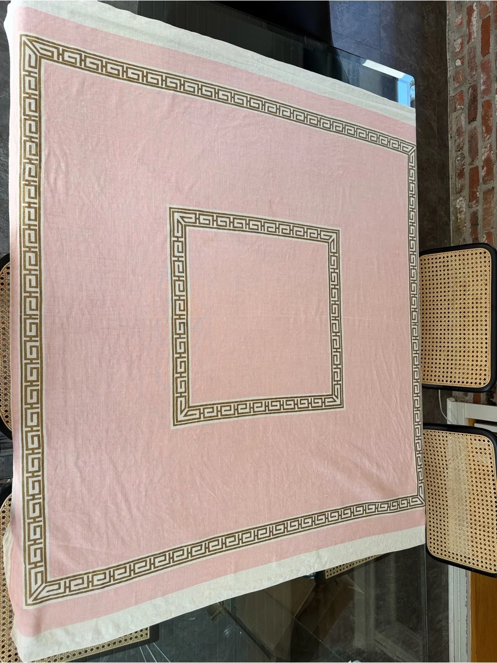Vintage Linen Tablecloth 50x50 Pink Metallic Gold Greek Key Regency